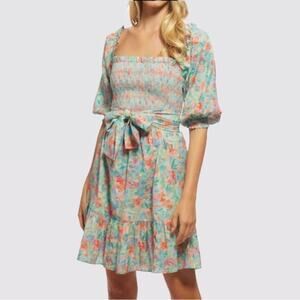 Shoshanna Celina Smocked Belted Mini Dress Women's 8 Green Pink Floral